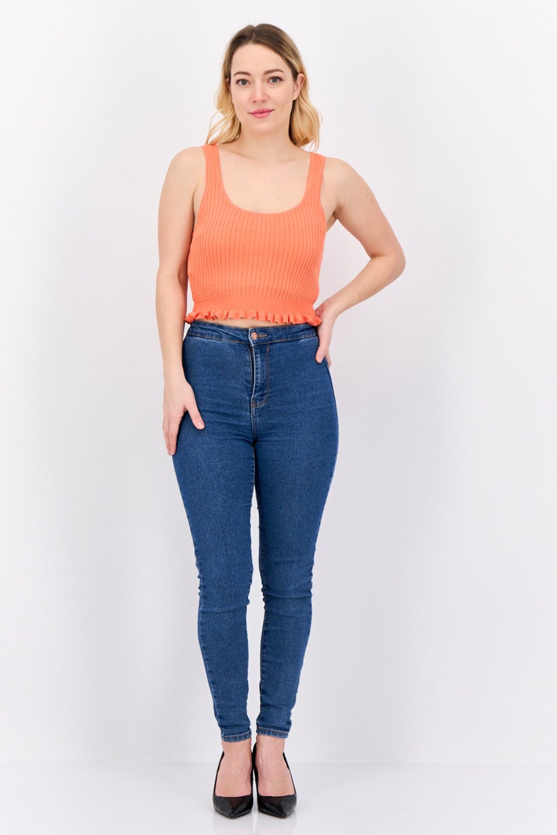 MANGO Women Round Neck Sleeveless Plain Tank Top, Orange  - Image 4