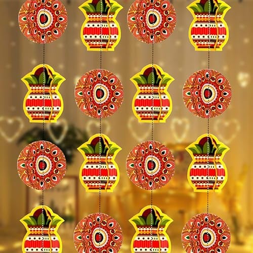 TOYXE Diwali Decoration Kalash Rangoli Paper Frills 3D Set of 4 Pieces | Hanging Garland Decoration - Image 1