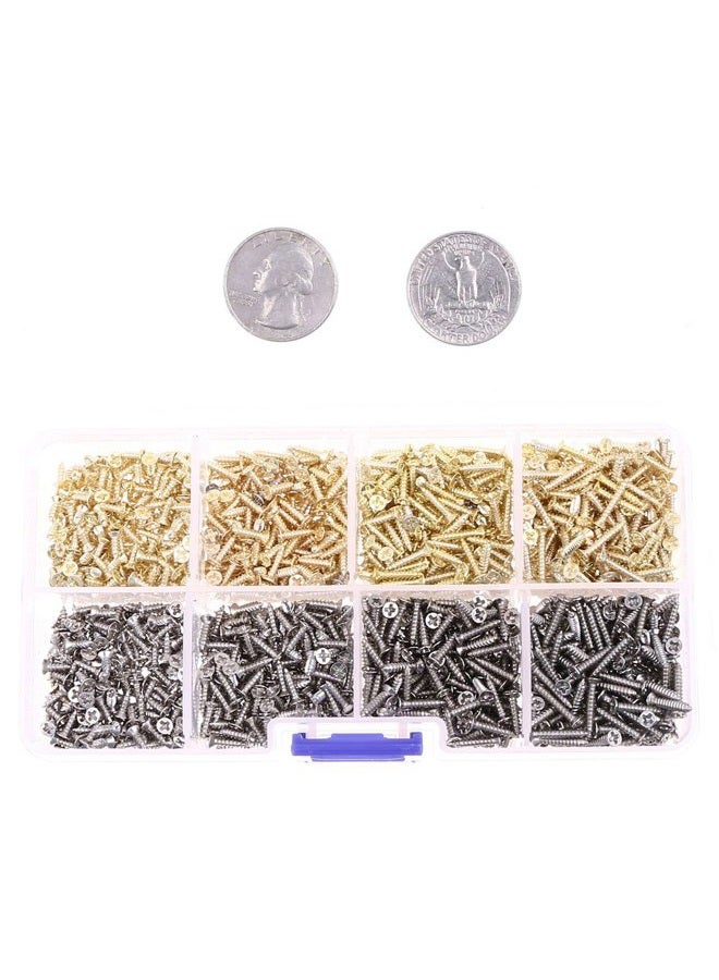 M2 Micro-Screws Cross Flat Head Self Tapping Wood Screws Fastener Kit and Assortment, Wooden Furniture Box Hardware Accessories (1600PCS,Golden and Silver)