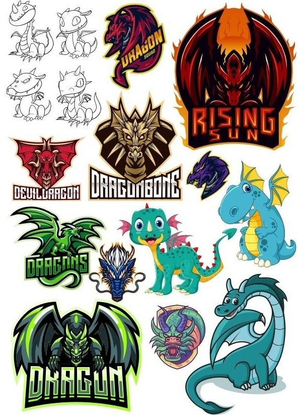 Reysa Tasarım - Reysa Design Dragon Dragon Sticker Set-4 14 Pieces Phone, Tablet, Notebook, Laptop Sticker - Image 1