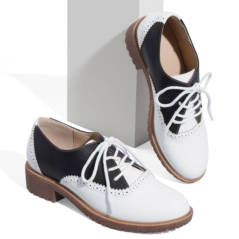 mikarka Vintage Oxford Shoes for Women Perforated Wingtips Brogue Oxfords Low Chunky Heel Lace Up Saddles Dress Pumps Shoes, US Size 8.5 - Image 3