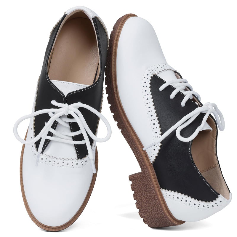 mikarka Vintage Oxford Shoes for Women Perforated Wingtips Brogue Oxfords Low Chunky Heel Lace Up Saddles Dress Pumps Shoes, US Size 8.5 - Image 1