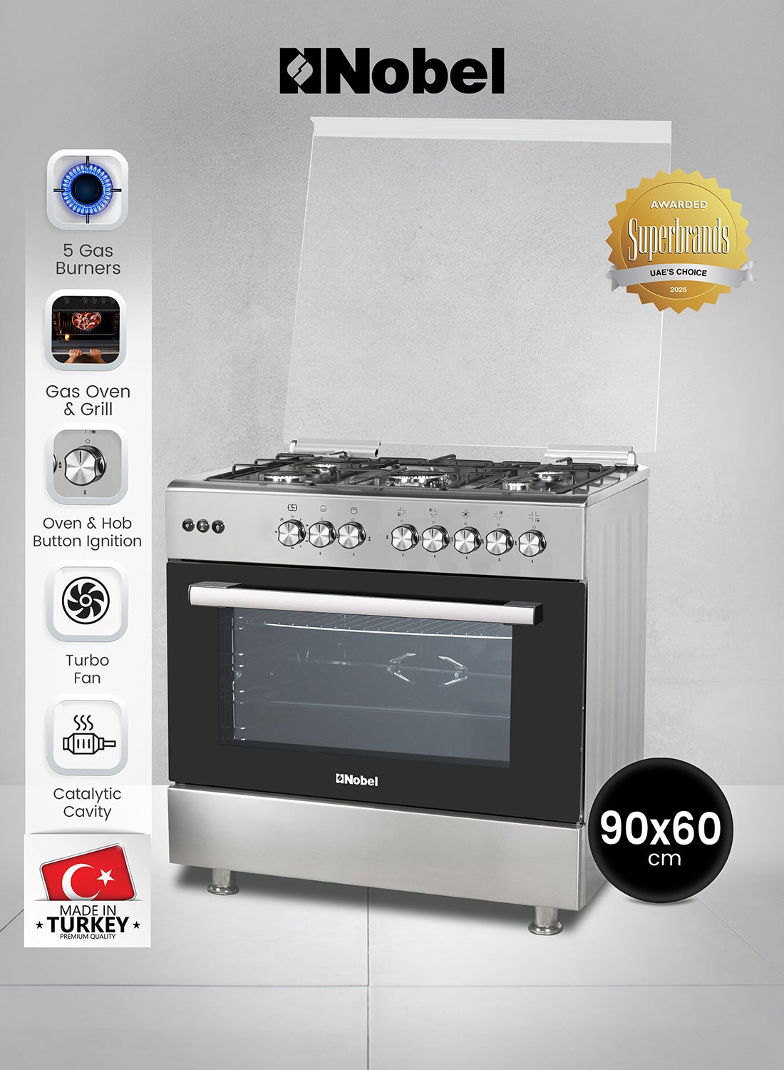 90cm Gas Cooking Range with 5 Burners & 110L Gas Oven Rotisserie, Turbo Fan, Cast Iron Pan Supports, Double Glass Door (Made in Turkey) – (1 Year Warranty) 5 NGC9696K Silver