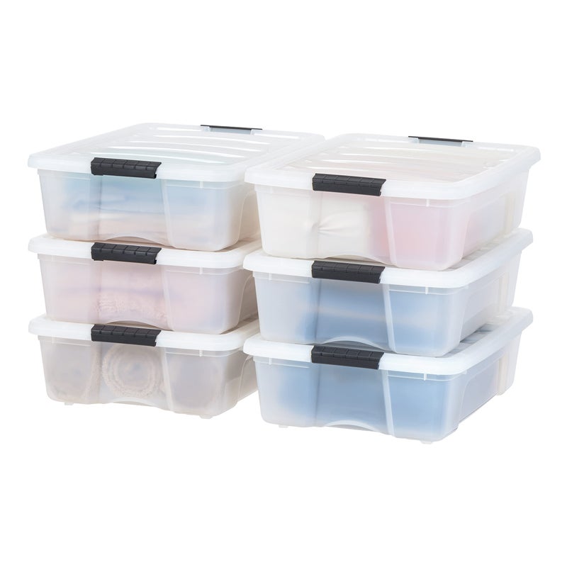 IRIS USA 27 Qt Stackable Plastic Storage Bins with Lids 6 Pack  BPAFree Made in USA  Discreet Organizing Solution Latches Durable Nestable Containers Secure Pull Handle  Pearl