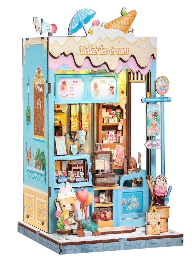 Cutefun Book Nook Kit - DIY Miniature Dollhouse Kit for Adults and Teens, Ice Cream Shop Mini House Building Kit with LED Bookshelf Insert Decor Creative Gifts (Bella's Ice Cream) - Image 1