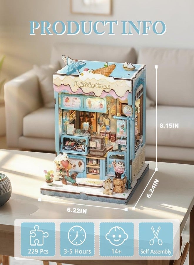 Cutefun Book Nook Kit - DIY Miniature Dollhouse Kit for Adults and Teens, Ice Cream Shop Mini House Building Kit with LED Bookshelf Insert Decor Creative Gifts (Bella's Ice Cream) - Image 2