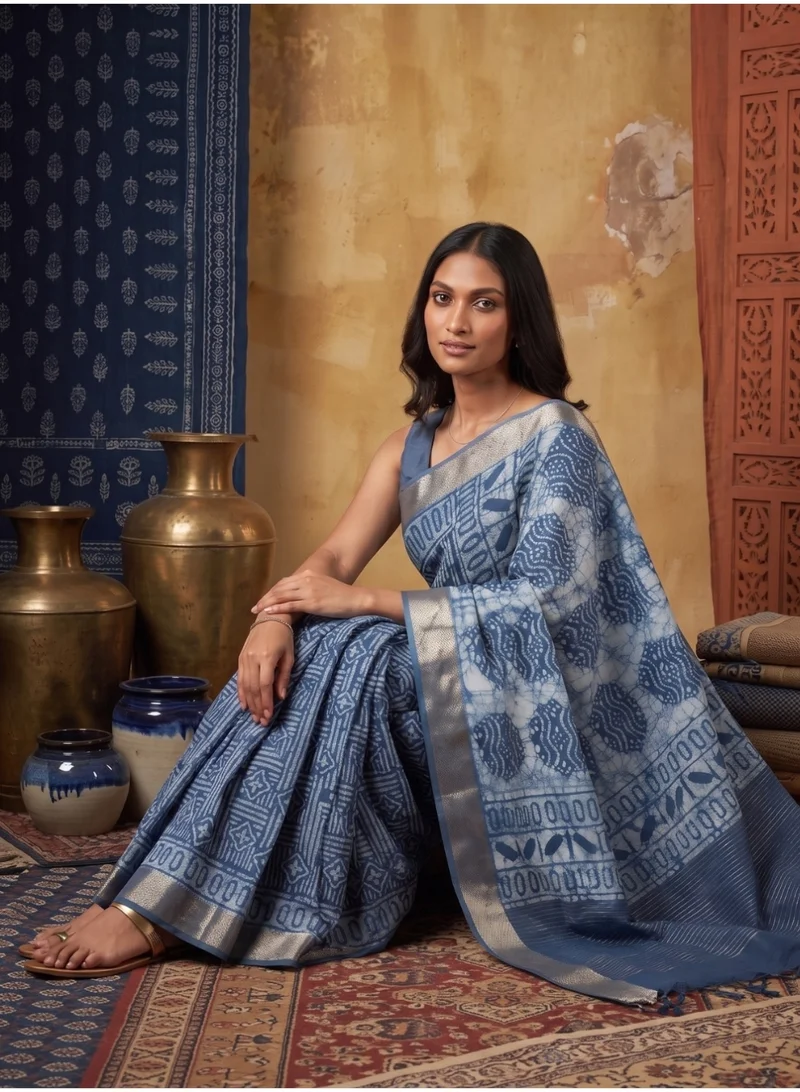 Nool  Dabu Batik Print Cotton Saree with Unstitched Blouse Material for Women | Best Price UAE