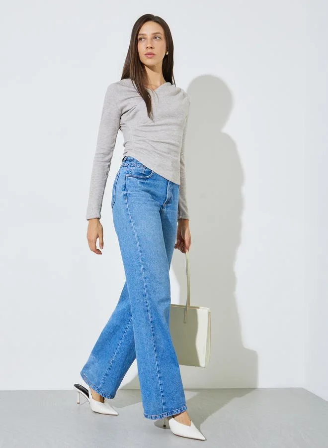 ستايلي Grey Solid Side Gathered Wrap Knitted Top