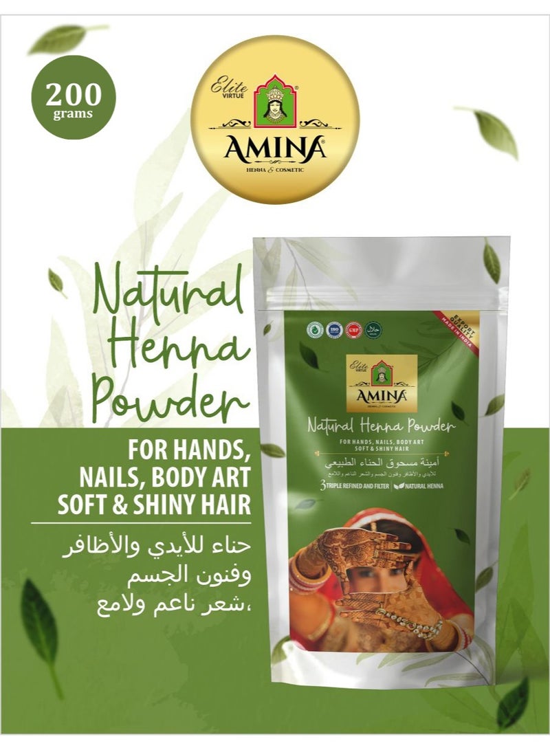 Amina Henna Herbal Mehndi Natural Henna Powder For Skin, Hand, Feet and Hair, Green (200 g) - Image 1