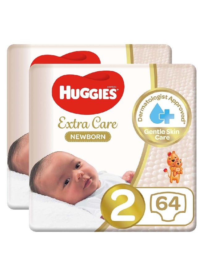 HUGGIES حفاضات حديثي الولادة إكسترا كير، الحجم 2، 4-6 كجم، عرض حزمة ضخمة من 2 × 64