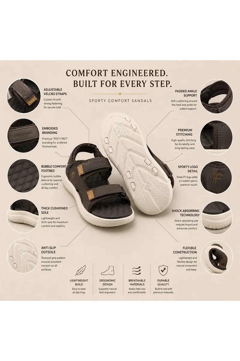 Feet First Men’s Sports Sandals with Adjustable Velcro Straps – Lightweight Comfort Outdoor Walking Sandals