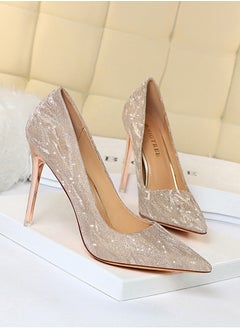 BIGTREE Women's Elegant Sequin Stiletto Pumps 10.5 CM Fashion Gorgeous Closed Pointed Toe Slip On Solid High Heels Champagne  - Image 2
