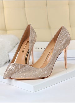 BIGTREE Women's Elegant Sequin Stiletto Pumps 10.5 CM Fashion Gorgeous Closed Pointed Toe Slip On Solid High Heels Champagne  - Image 1