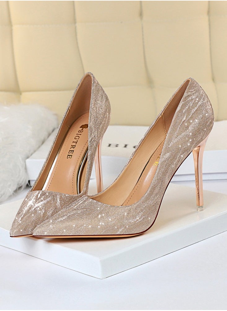 BIGTREE Women's Elegant Sequin Stiletto Pumps 10.5 CM Fashion Gorgeous Closed Pointed Toe Slip On Solid High Heels Champagne  - Image 1