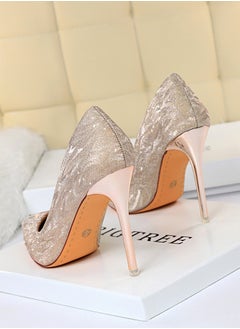 BIGTREE Women's Elegant Sequin Stiletto Pumps 10.5 CM Fashion Gorgeous Closed Pointed Toe Slip On Solid High Heels Champagne  - Image 3
