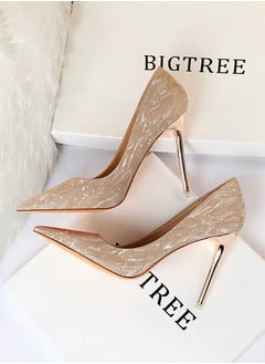 BIGTREE Women's Elegant Sequin Stiletto Pumps 10.5 CM Fashion Gorgeous Closed Pointed Toe Slip On Solid High Heels Champagne  - Image 4