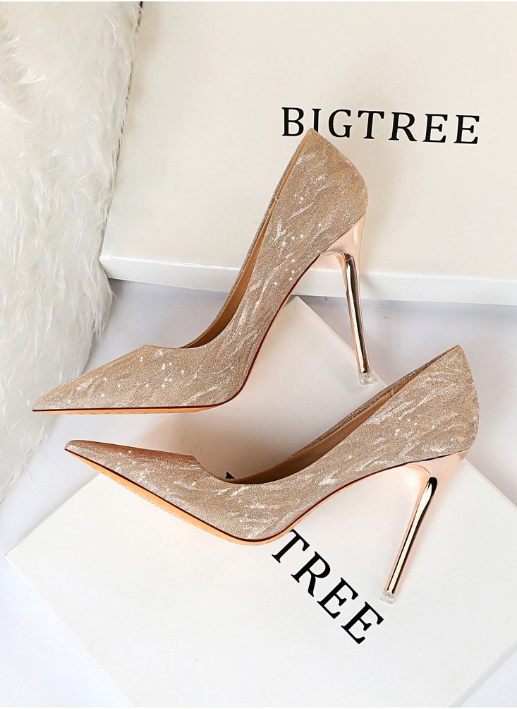 BIGTREE Women's Elegant Sequin Stiletto Pumps 10.5 CM Fashion Gorgeous Closed Pointed Toe Slip On Solid High Heels Champagne  - Image 4