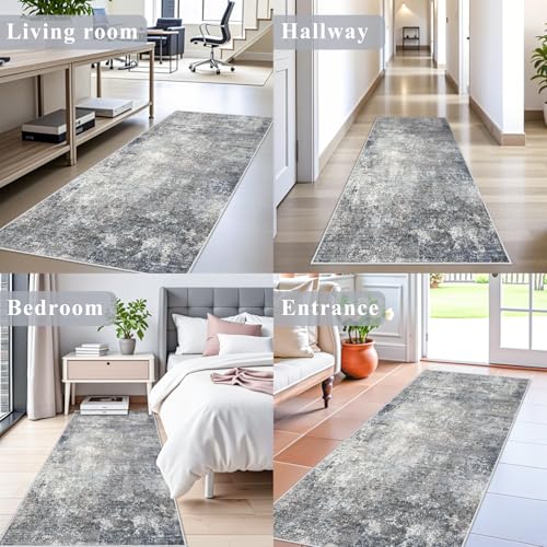 BYYVOO 3x6 Washable Kitchen Runner Rug - Non Slip Stain Resistant Low-Pile Thin Wide Carpet Runners for Entryway Hallway Bathroom Bedside,Modern Neutral Abstract(Blue Grey,3x6) - Image 3