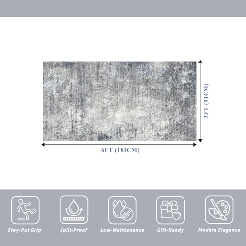 BYYVOO 3x6 Washable Kitchen Runner Rug - Non Slip Stain Resistant Low-Pile Thin Wide Carpet Runners for Entryway Hallway Bathroom Bedside,Modern Neutral Abstract(Blue Grey,3x6) - Image 2