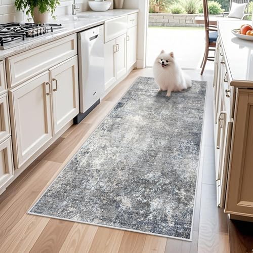 BYYVOO 3x6 Washable Kitchen Runner Rug - Non Slip Stain Resistant Low-Pile Thin Wide Carpet Runners for Entryway Hallway Bathroom Bedside,Modern Neutral Abstract(Blue Grey,3x6) - Image 1