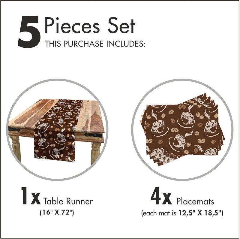 Lunarable Coffee Table Runner  Placemats Silhouette of Cups and Beans on Abstract Background Fresh Filter Coffee Set for Dining Table Decor Placemat 4 pcs  Runner 16x72 Brown Pale Brown Beige - Image 5