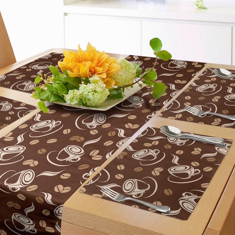 Lunarable Coffee Table Runner  Placemats Silhouette of Cups and Beans on Abstract Background Fresh Filter Coffee Set for Dining Table Decor Placemat 4 pcs  Runner 16x72 Brown Pale Brown Beige - Image 1