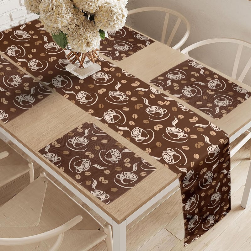 Lunarable Coffee Table Runner  Placemats Silhouette of Cups and Beans on Abstract Background Fresh Filter Coffee Set for Dining Table Decor Placemat 4 pcs  Runner 16x72 Brown Pale Brown Beige - Image 2