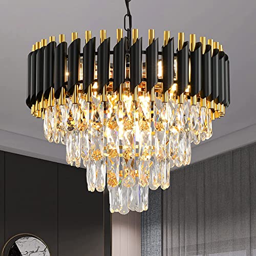 SINOMAN Adjustable Stylish Led Chandelier with K9 Crystals Droplets Black and Gold Luxury Lighting Fixture Ideal for High Ceilings, Hallways, Foyers and Dining Room (500MM) - Image 1