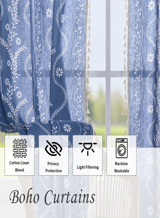 Schweek Navy Blue Western Rustic Boho Curtains 96 Inch Length, Farmhouse Linen Floral Curtains for Bedroom Living Room Vintage Printed Patterned Long Curtain Drapes - Image 4