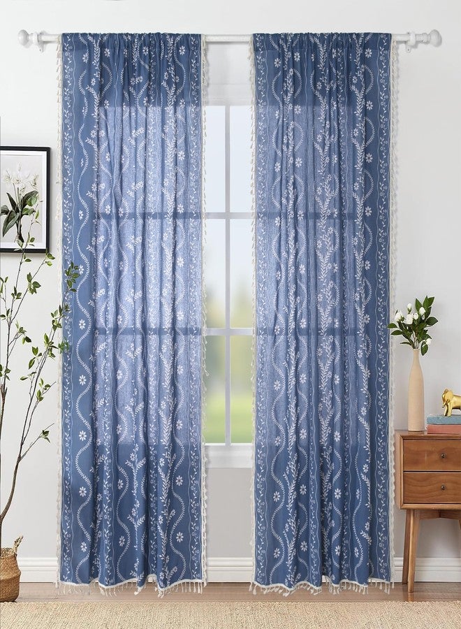 Schweek Navy Blue Western Rustic Boho Curtains 96 Inch Length, Farmhouse Linen Floral Curtains for Bedroom Living Room Vintage Printed Patterned Long Curtain Drapes - Image 2