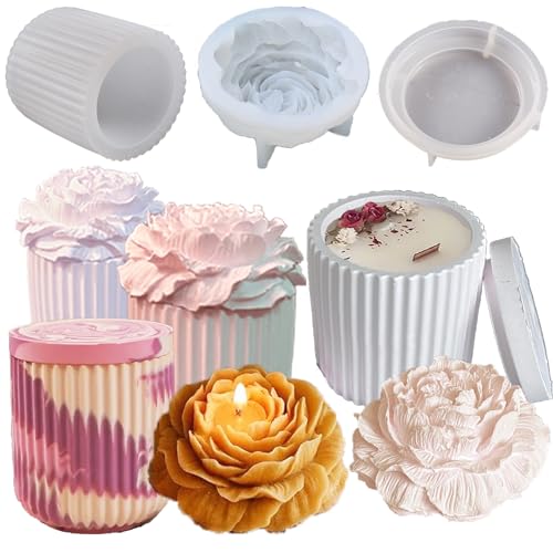 Nimozekd Striped Candle Jar Mold with Lid - Silicone Cement Peony Flower Soap Mold - Concrete Plaster Molds for Lids - Vessels for Candle Making - Image 1