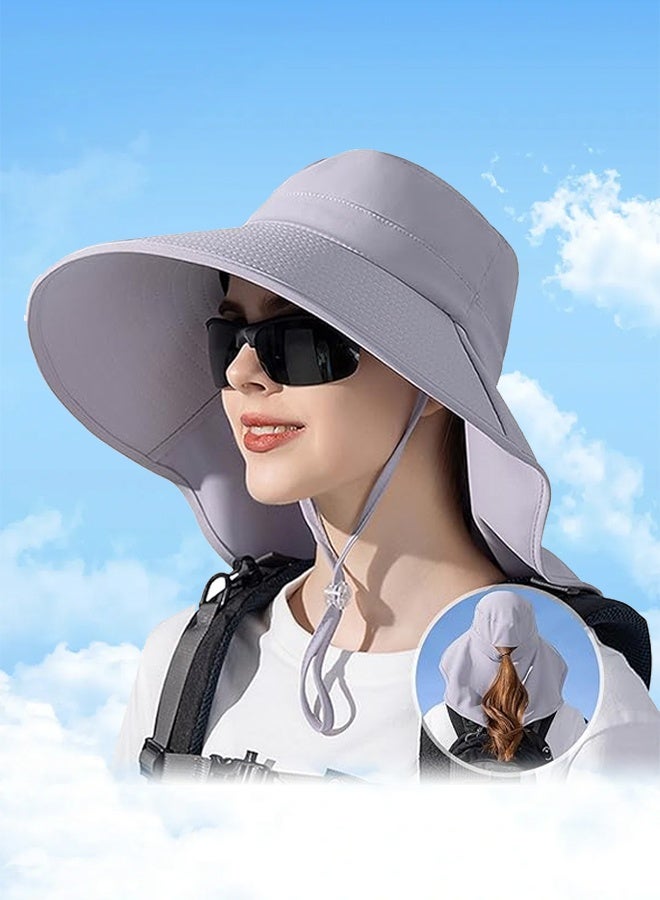 Sun Hats,Wide Brim Bucket Hat, UV Protection Wide Brim Foldable Ponytail Hole Beach Hats ,Summer travel sun hat outdoor sun protection with Neck Cover for Mountaineering Gardening Light Gray - Image 1