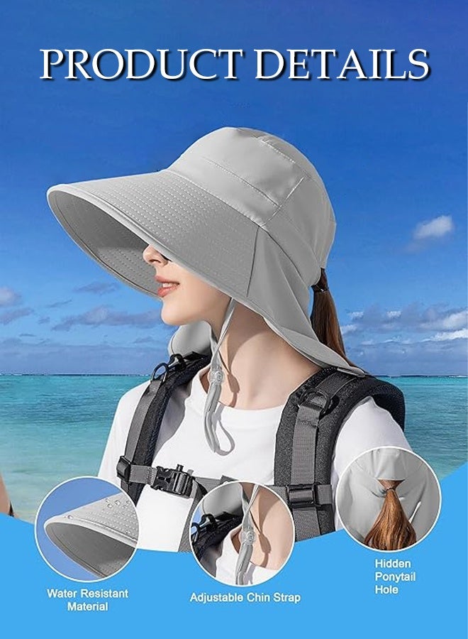 Sun Hats,Wide Brim Bucket Hat, UV Protection Wide Brim Foldable Ponytail Hole Beach Hats ,Summer travel sun hat outdoor sun protection with Neck Cover for Mountaineering Gardening Light Gray - Image 3
