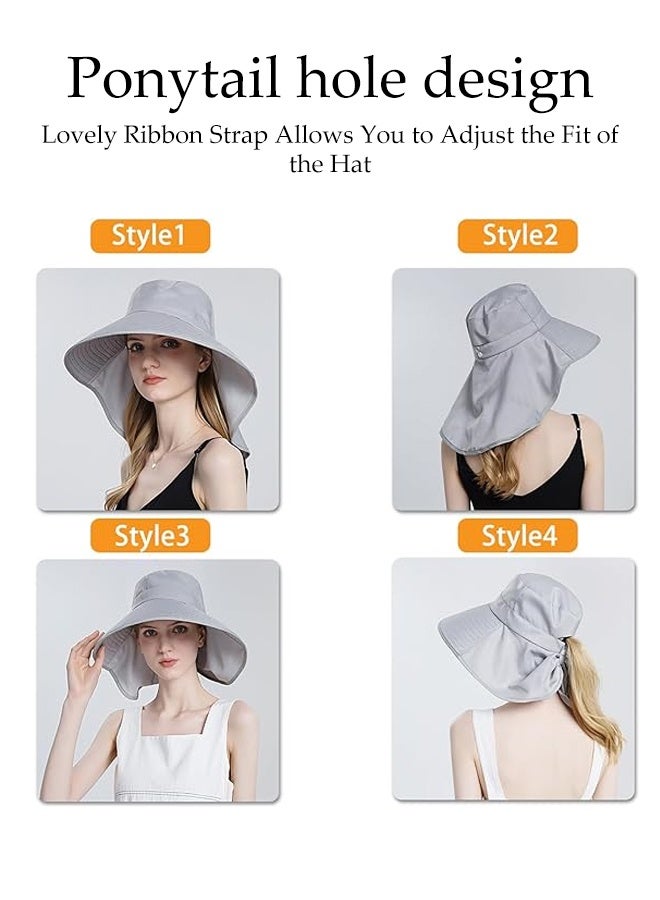Sun Hats,Wide Brim Bucket Hat, UV Protection Wide Brim Foldable Ponytail Hole Beach Hats ,Summer travel sun hat outdoor sun protection with Neck Cover for Mountaineering Gardening Light Gray - Image 4