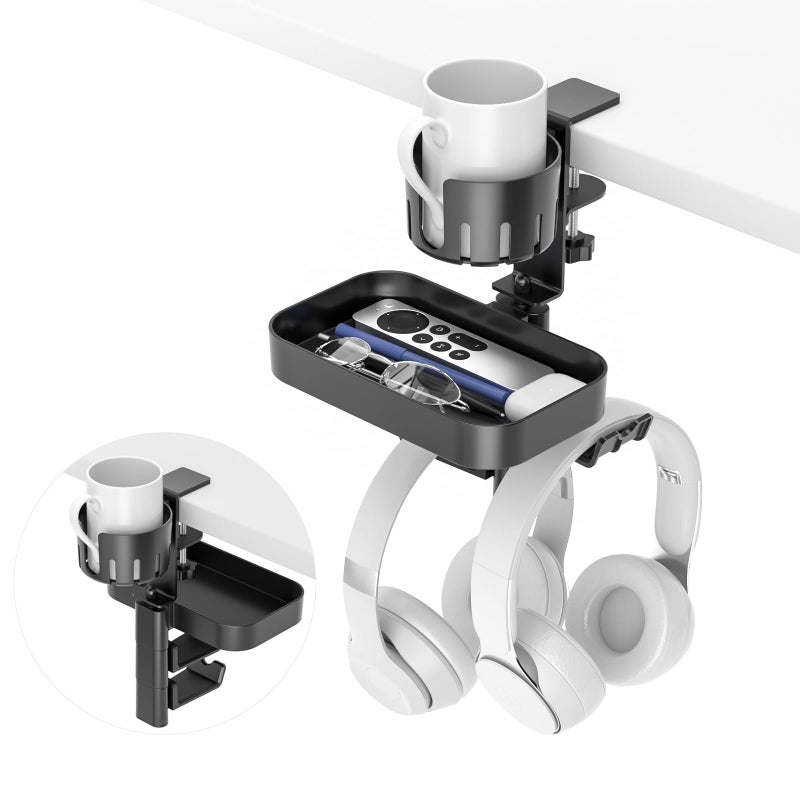 KDD Desk Cup Holder with 2 Headphone Hook - Rotating Pencil Holder & Detachable Drawer Tray - Clamp on Under Desk Headphone Holder Hidden Storage for Office School Home Accessories - Image 1