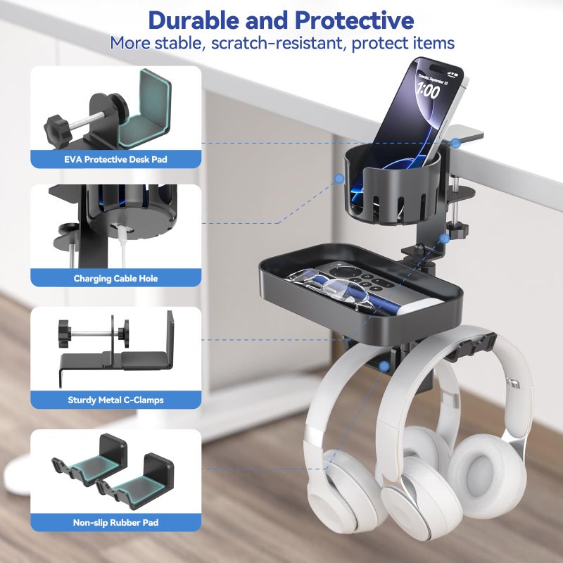 KDD Desk Cup Holder with 2 Headphone Hook - Rotating Pencil Holder & Detachable Drawer Tray - Clamp on Under Desk Headphone Holder Hidden Storage for Office School Home Accessories - Image 4