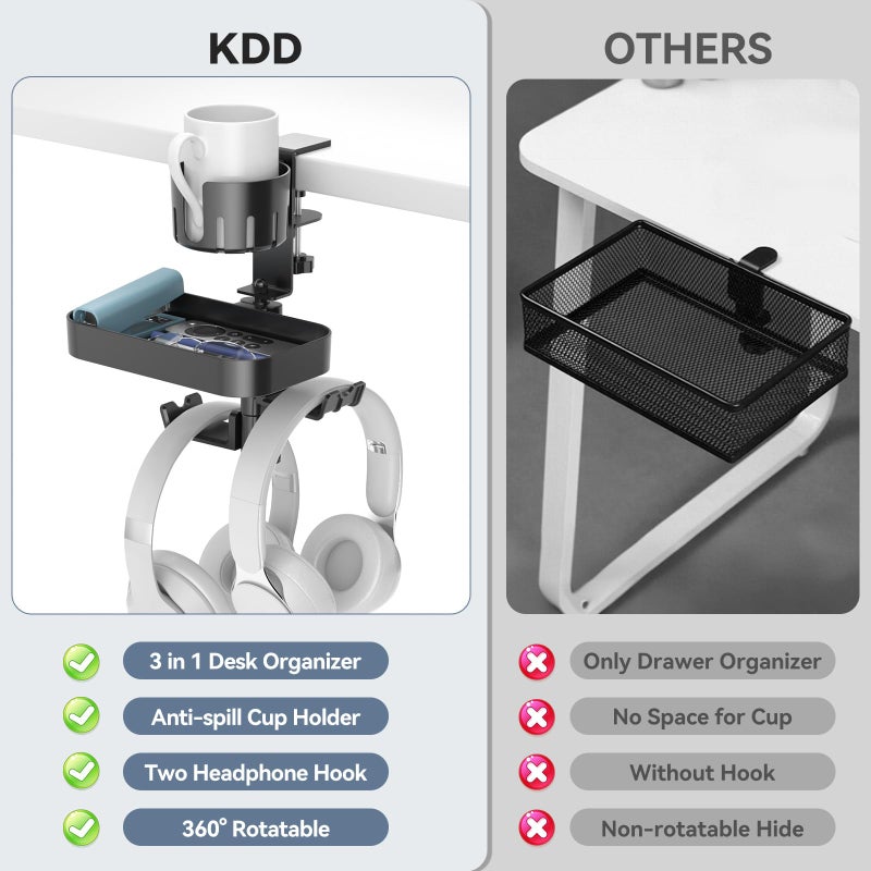 KDD Desk Cup Holder with 2 Headphone Hook - Rotating Pencil Holder & Detachable Drawer Tray - Clamp on Under Desk Headphone Holder Hidden Storage for Office School Home Accessories - Image 5