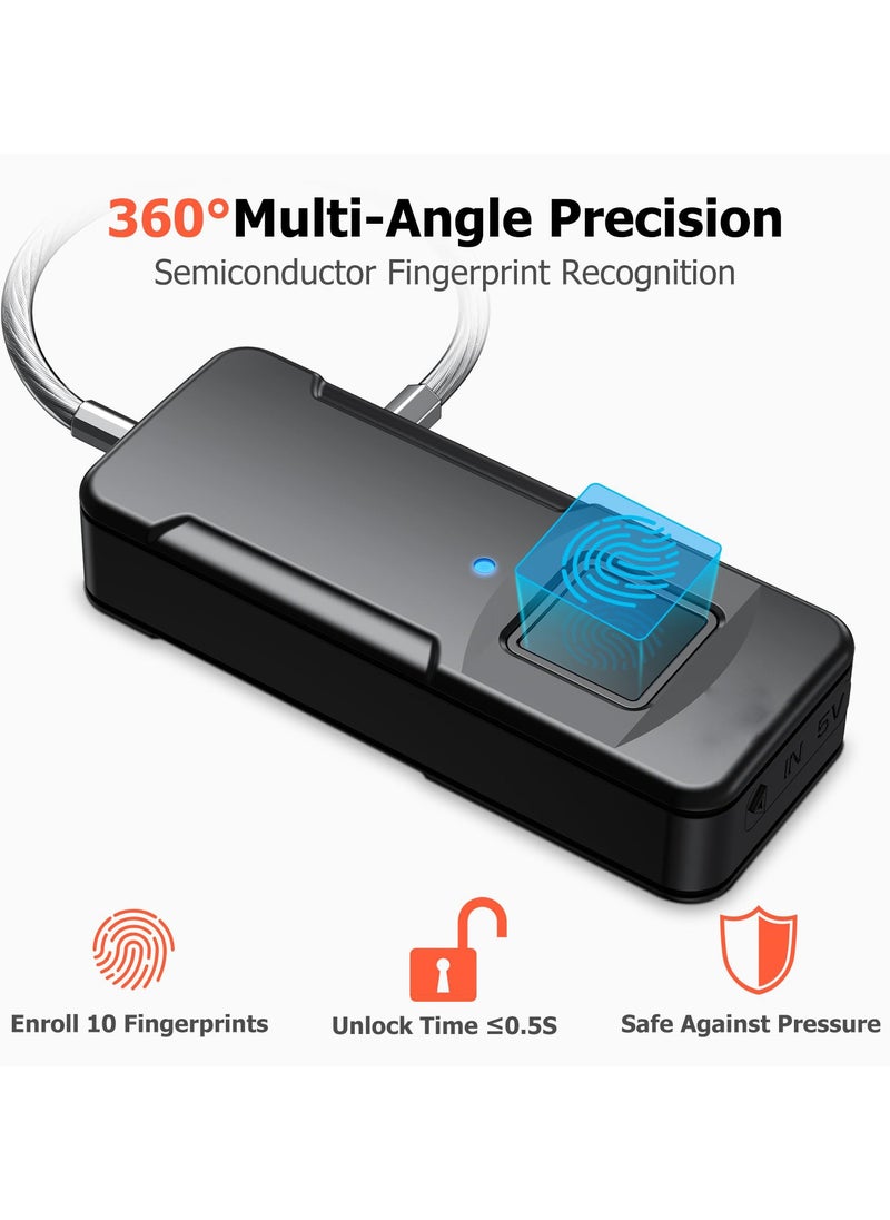 Biometric Fingerprint Cable Lock, Advanced Keyless Waterproof Padlock with Quick Unlock, Ideal for Gym, Doors, Luggage, Suitcases, Backpacks, Office - Supports 10 Fingerprints, Type-C Charging  - Image 2