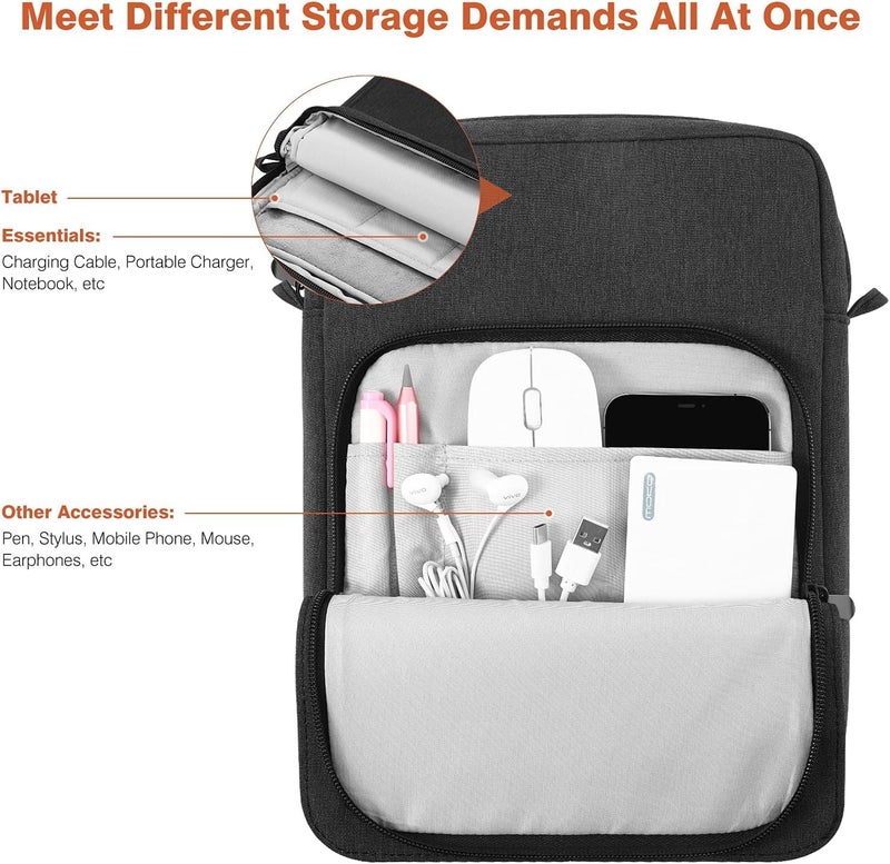 Dadanism 9-11 Inch Tablet Sleeve Bag Carrying Case with Shoulder Strap for iPad (A16) 11", iPad 10th Gen 10.9", iPad Air M4/Pro M5 11", iPad 9/8/7th 10.2", Galaxy Tab A11+ Plus 11",Black & Grey - Image 4