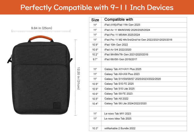 Dadanism 9-11 Inch Tablet Sleeve Bag Carrying Case with Shoulder Strap for iPad (A16) 11", iPad 10th Gen 10.9", iPad Air M4/Pro M5 11", iPad 9/8/7th 10.2", Galaxy Tab A11+ Plus 11",Black & Grey - Image 3