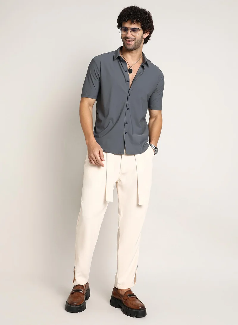 Campus Sutra Men's Moon Grey Seamless Waffle Shirt