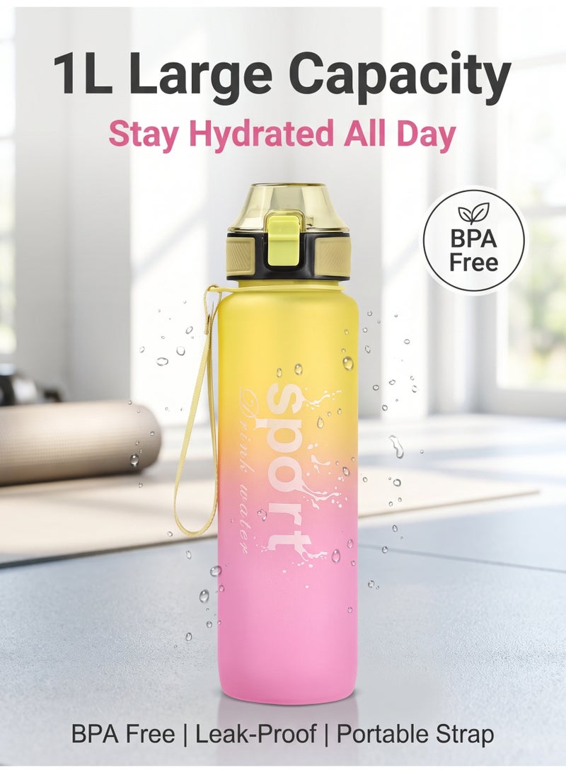 nihao New Sports Water Bottle, Tumbler,Soft Spout, Frosted, Gradient Water Cup Sports Cup Letter Straw Cup Large Capacity Tote Cup Fitness Plastic Cup Water Bottle, Yellow and Pink-1000ML - Image 1