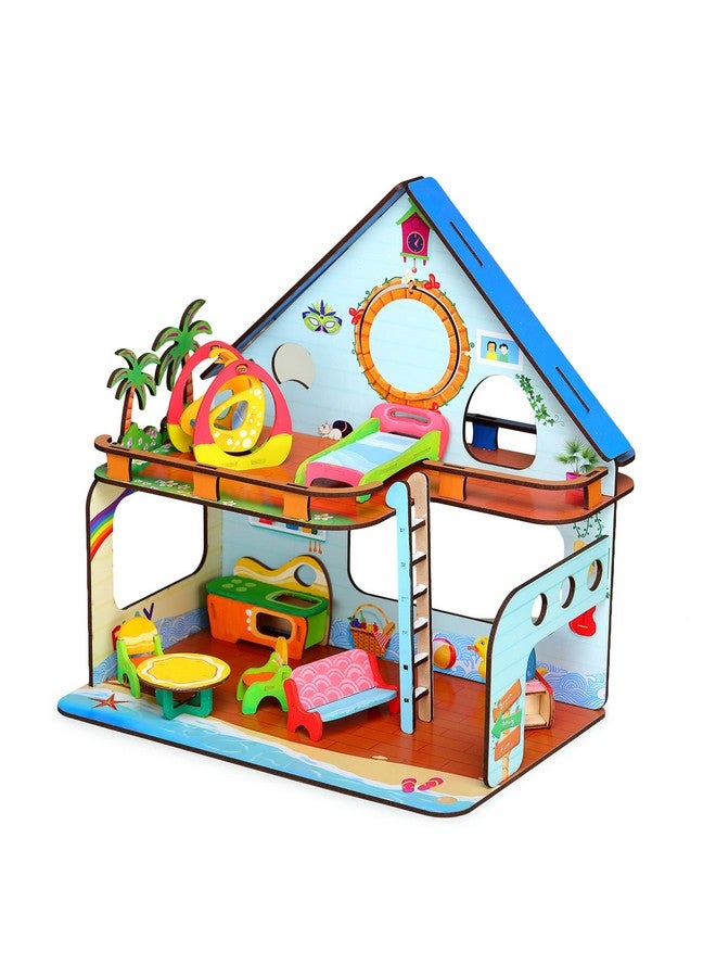 Webby Beachvilla The Weekend Escape All Side Play Doll House for Girls & Boys DIY Paint Wooden Doll House Toy with Furniture for Kids (0 pieces) - Image 1