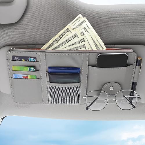 DETACHI Car Sun Visor Organizer Multi-Function Car Space with Multi-Pocket Net Zipper Car Storage Organizer and Sunglass Holder PU Leather for Car (Grey) - Image 1