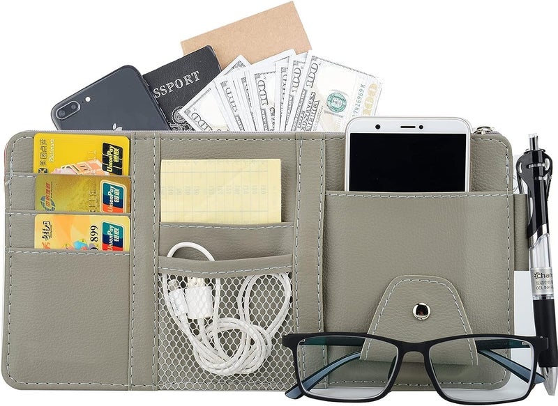 DETACHI Car Sun Visor Organizer Multi-Function Car Space with Multi-Pocket Net Zipper Car Storage Organizer and Sunglass Holder PU Leather for Car (Grey) - Image 5