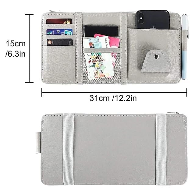 DETACHI Car Sun Visor Organizer Multi-Function Car Space with Multi-Pocket Net Zipper Car Storage Organizer and Sunglass Holder PU Leather for Car (Grey) - Image 4