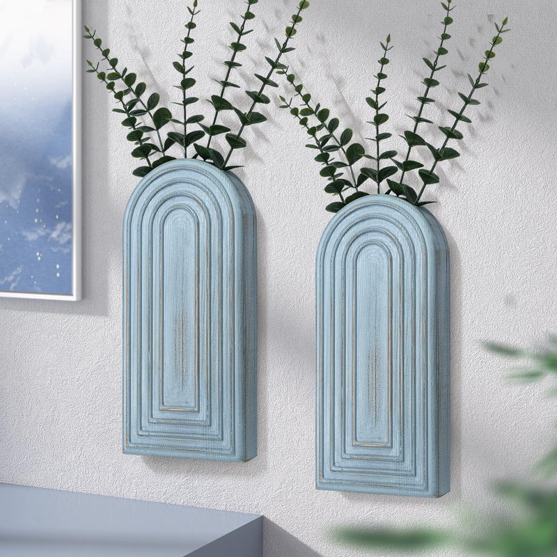 EOSAHR Pine Wood Boho Decor Wall Vases Set of 2â€“ Decorative Wall Decor for Living Room, Bedroom & Bathroom â€“ Coastal Hanging Planters for Indoor Plants, Fake Plants (Blue) - Image 1