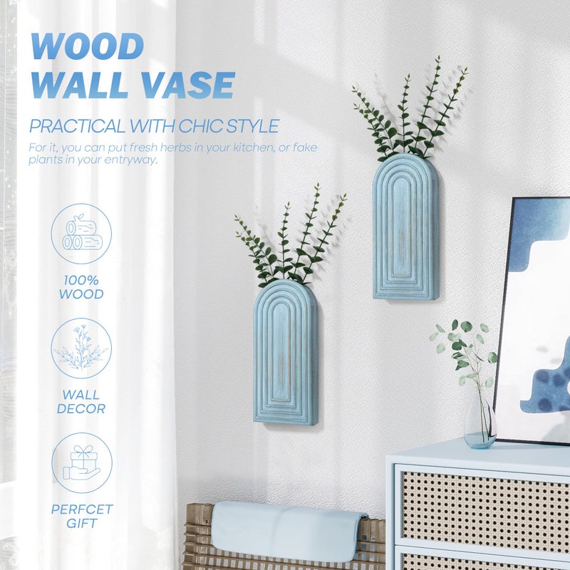 EOSAHR Pine Wood Boho Decor Wall Vases Set of 2â€“ Decorative Wall Decor for Living Room, Bedroom & Bathroom â€“ Coastal Hanging Planters for Indoor Plants, Fake Plants (Blue) - Image 4