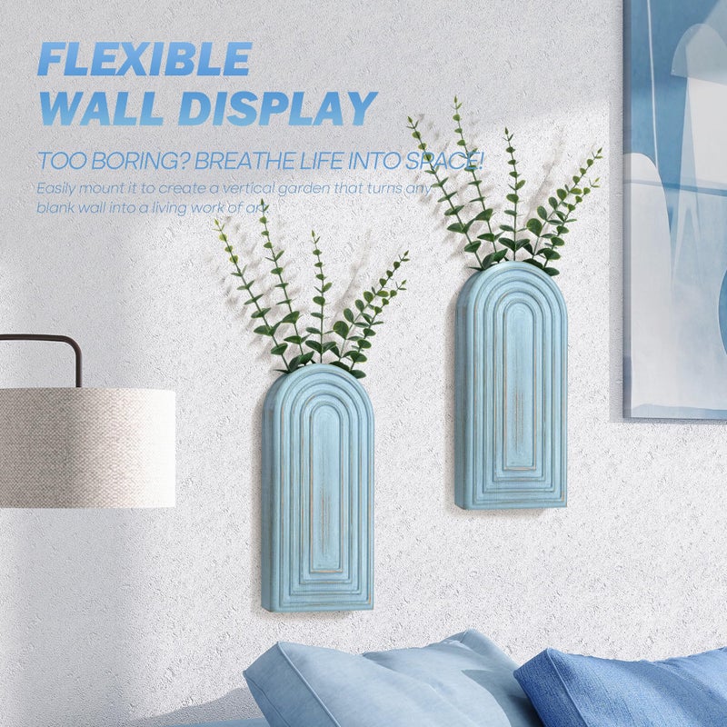 EOSAHR Pine Wood Boho Decor Wall Vases Set of 2â€“ Decorative Wall Decor for Living Room, Bedroom & Bathroom â€“ Coastal Hanging Planters for Indoor Plants, Fake Plants (Blue) - Image 5
