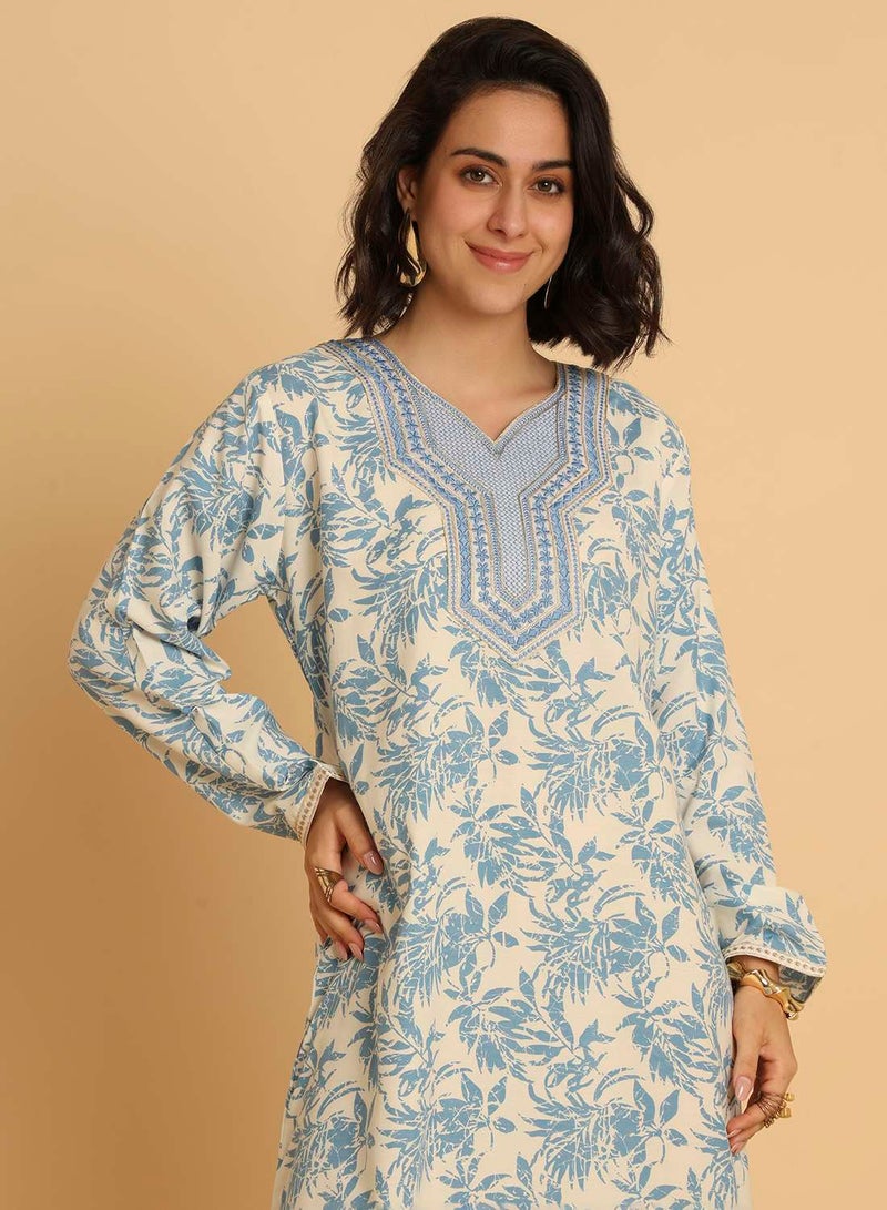 HANA & SARA Blue Floral Print Arabic Jalabiya with Embroidered Neckline - Image 3